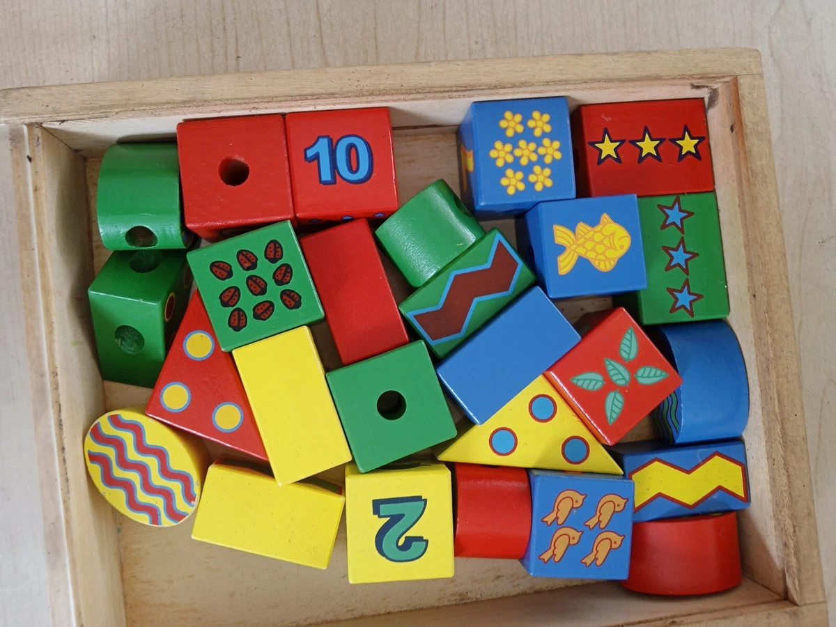 Melissa Doug Lacing Beads in a Box Wooden Beads Numbers Shapes