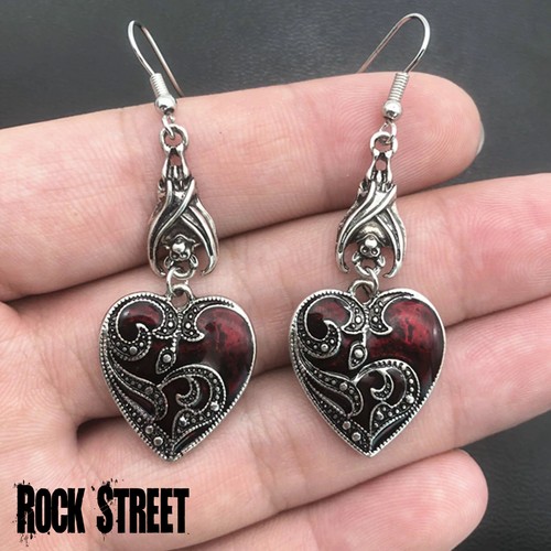Gothic Victorian Valentine Herz Ohrhänger Paar Rot Blut Rose Herz Fledermaus - Bild 3 von 5