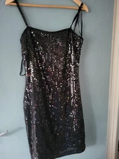 Next Size 10 Black Sequin Sleeveless Strappy 1920s Flapper Dress (623/17/v)