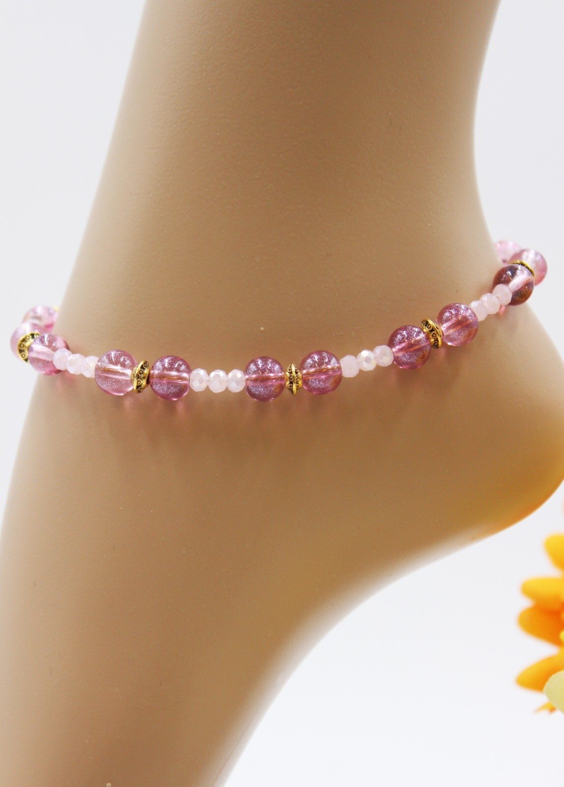 Boho Pink Rose Glass Beaded Anklet Gold Summer Foot Chain Size M KA087-image
