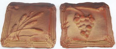 Vintage Rookwood Nairn Terracotta Art Tiles Pair 2 Grapes Wheat Arts Crafts 7x7