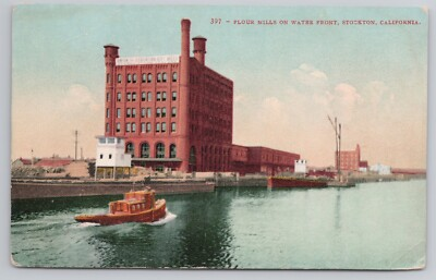 #ad Flour Mills on Water Front Stockton California CA c1910 Antique Postcard $9.80