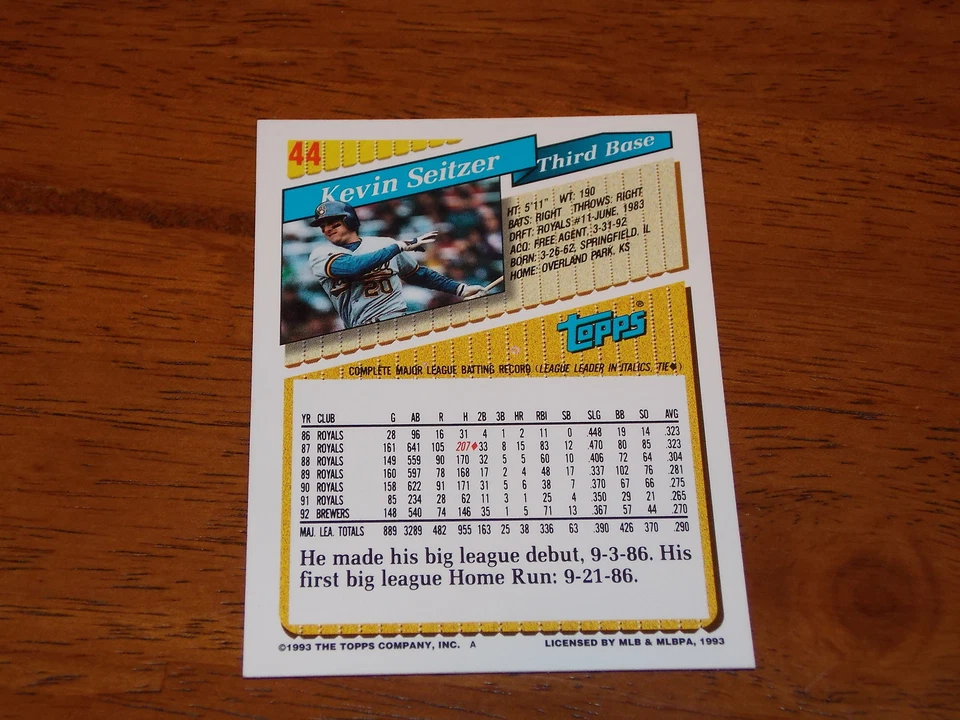 BASEBALL CARD 1993 TOPPS GOLD KEVIN SEITZER #44 3 - Image 2 of 2