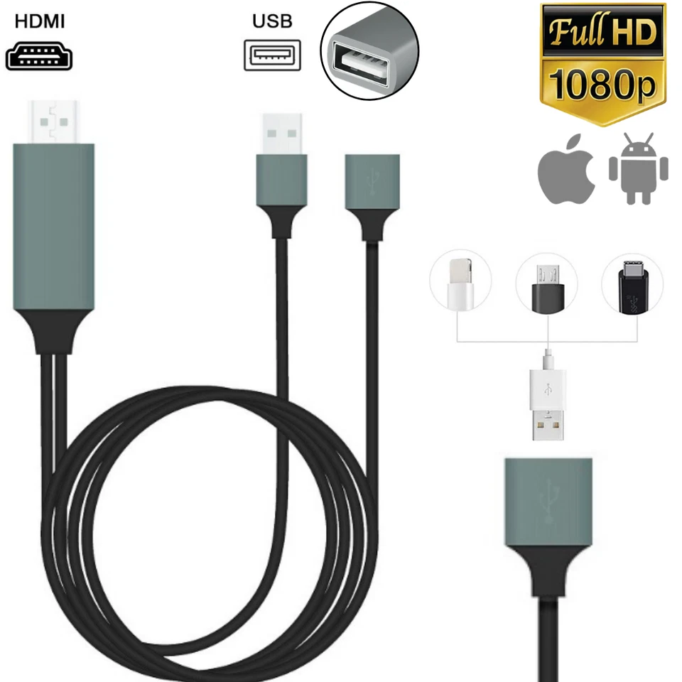 1080P HDMI Mirroring Cable Phone to AV TV HDTV Adapter For iPhone iPad Android - Image 3 of 4