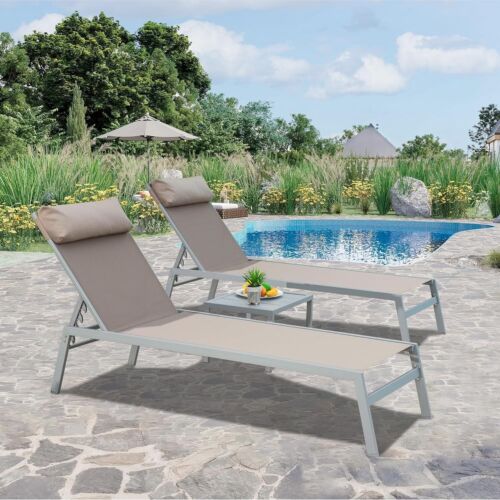 Domi Patio Chaise Lounge Set w/5 Adjustable Position,Headrest & Side Table,Khaki