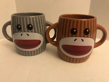 Sock Monkey Coffee Cocoa Mug Ceramic 16 oz Galerie Double Handle Cup Set of 2