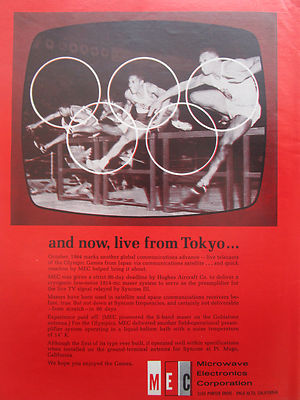 10/1964 PUB MEC MICROWAVE ELECTRONICS TOKYO OLYMPICS GAMES SPORT SATELLITE AD