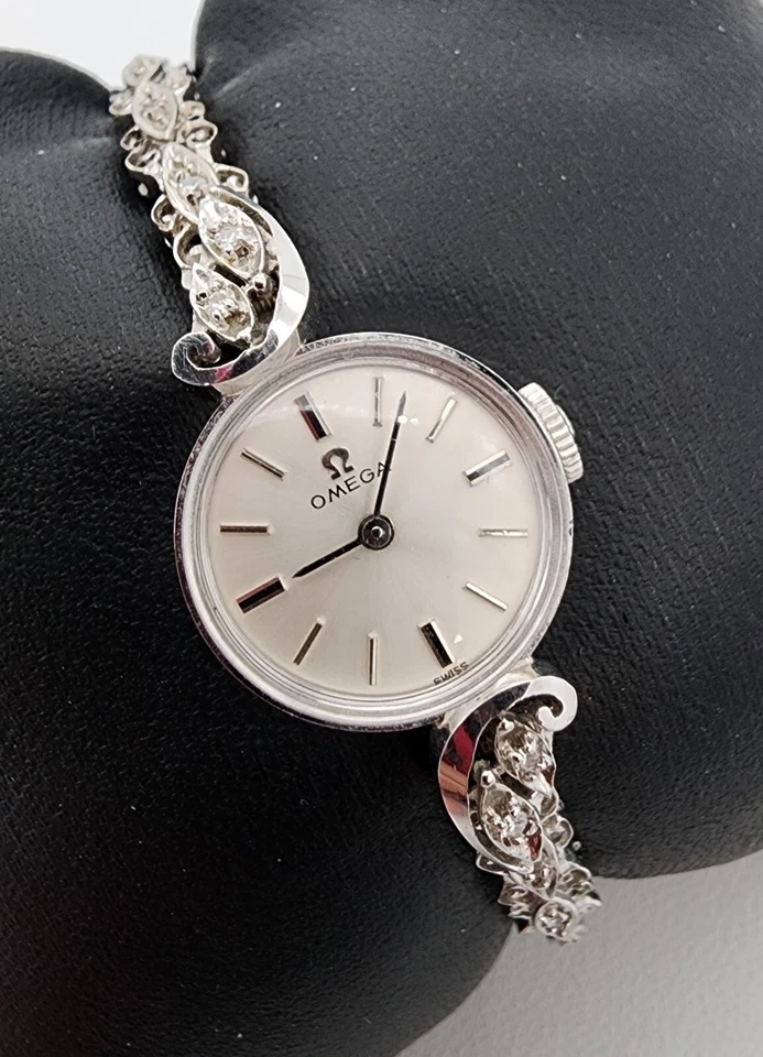 Muñeca OMEGA de oro blanco 14k .585 diamante Art Deco de 0,2 quilates funcionando talla 6,5" Au 23206 Foto 3 de 4