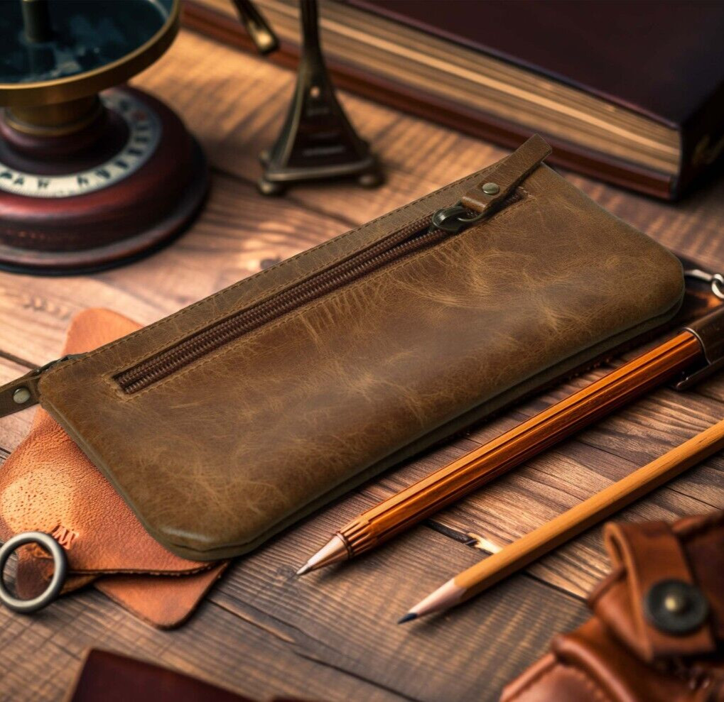 Leather Pencil Pouch Pen Case - 8"X4"- Elegant and Practical Zipper Pouch Holder