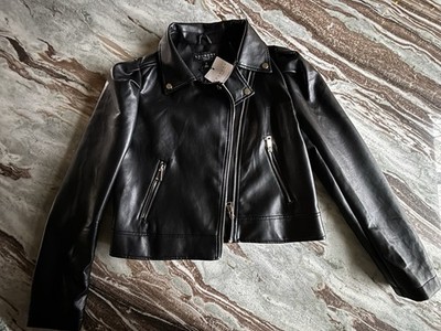 LAUNDRY SHELLI SEGAL Vegan Faux Leather Black Puff Shoulder Moto Jacket M 8/10