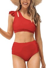 Cupshe Women  s Bikini Top  Bottom Beautiful Red Ruffle XS Extra Small Swimsuit