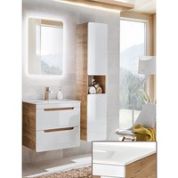 BadmöBel Badezimmer Set Weiß Eiche Waschtisch-Unterschrank Spiegel Hochschrank