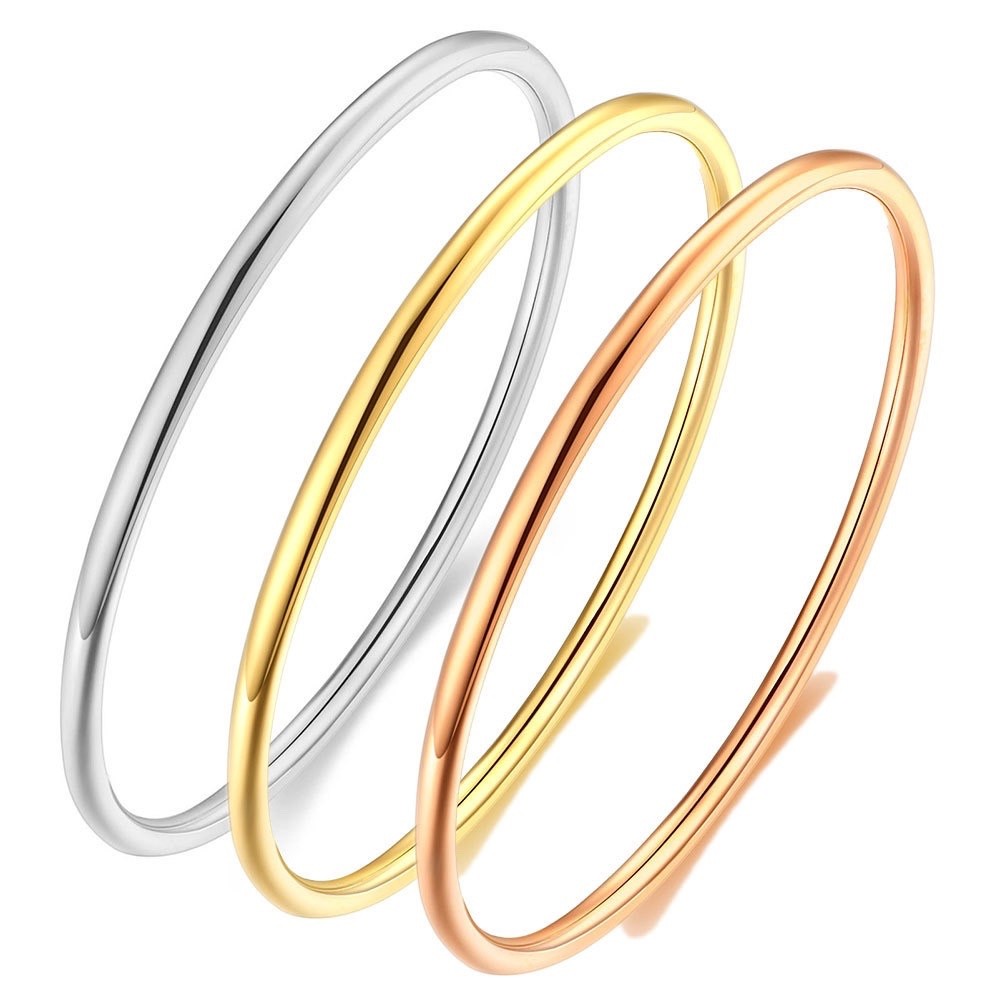 Women 3mm Stainless Steel Classic Round Bangle Bracelet Gold Silver Minimalist