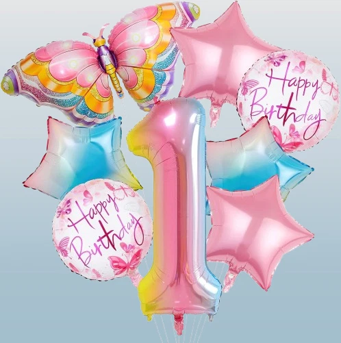 8 Globos de Lámina Mariposa - Decoración de Fiesta Rosa Gradiente para Bebé o 1er Cumpleaños Foto 4 de 4