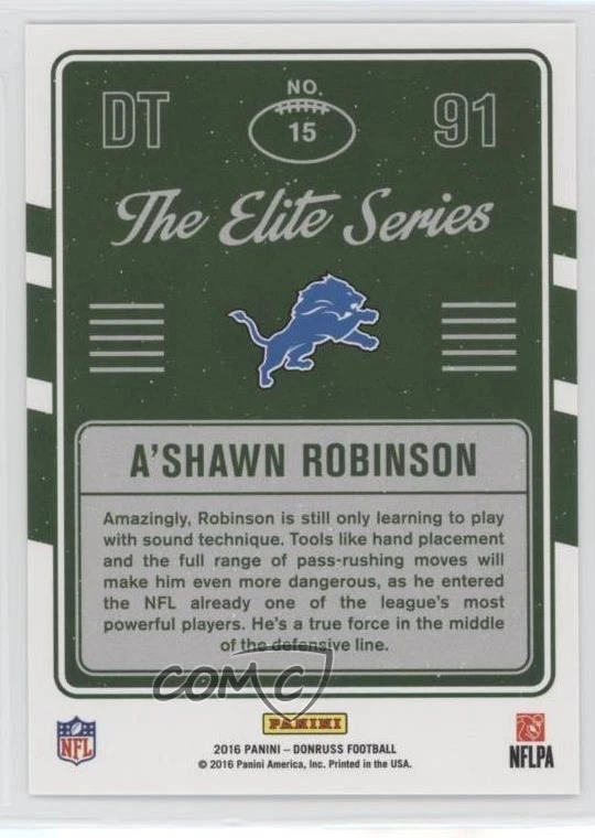 2016 Donruss The Elite Series Rookies /999 A'Shawn Robinson #15 RC - Image 2 of 2
