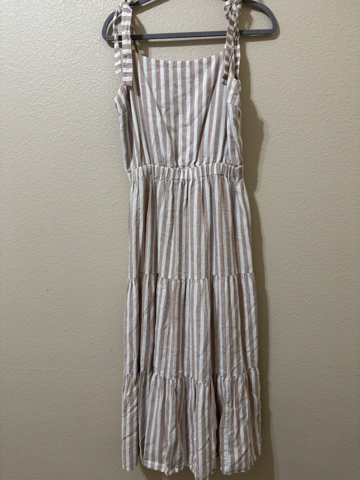 The Limited XL Linen Lyocell Striped Midi Dress Beige White Tie Strap Tiered