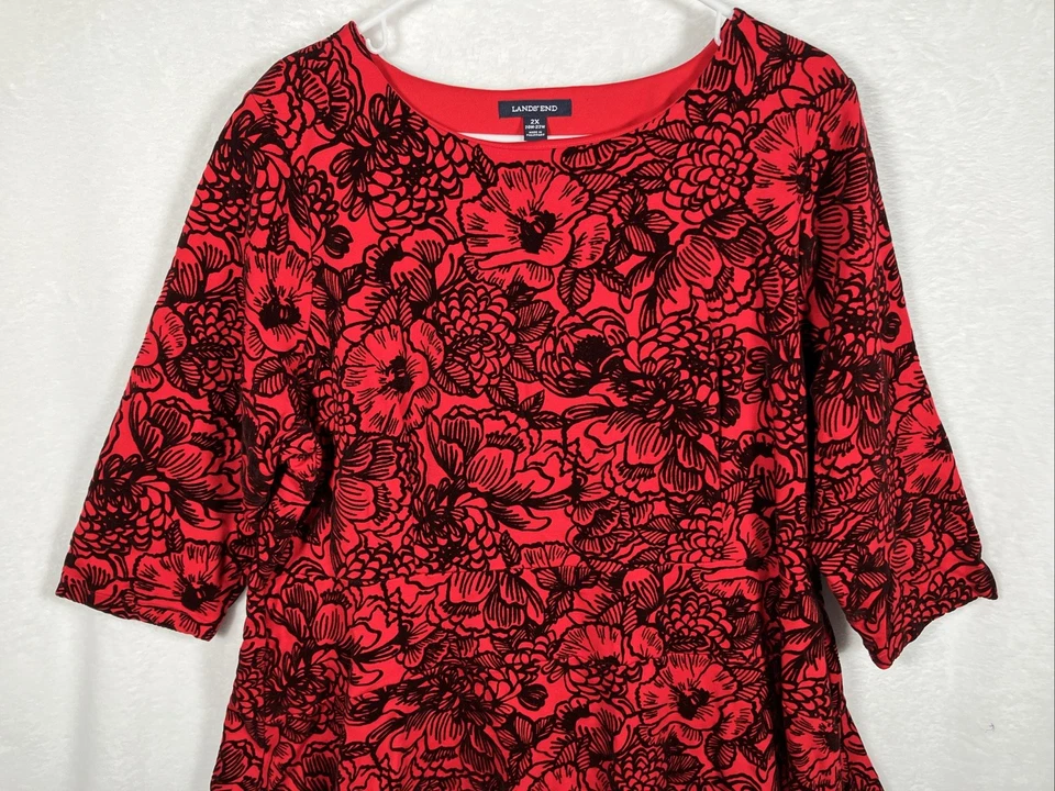 Lands End Red Dress Plus 2x Black Flocked Velvet Fit Flare Holiday Party Stretch - Image 2 of 4