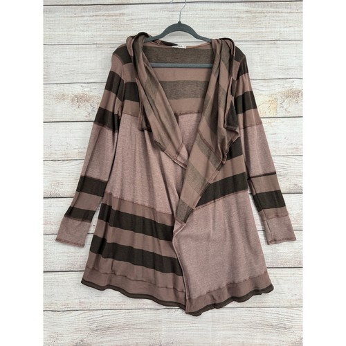 Allen Allen Cardigan Women Small Brown Striped Waffle Knit Hooded Open Front