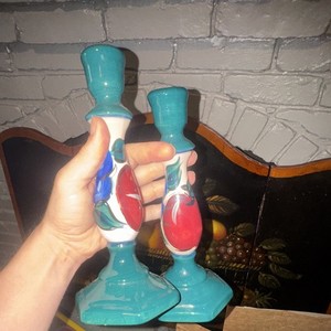 Unmarked Pair Hand Painted Ceramic Floral Candlesticks Signed Micaelli 1988