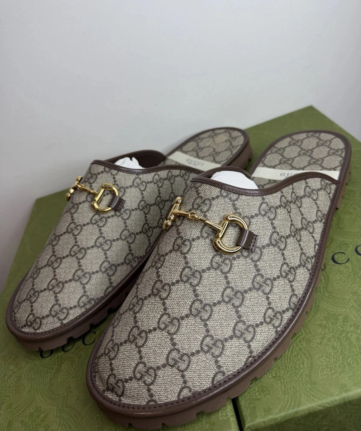 Gucci — Gucci Mens Brown Rubber Horsebit GG Monogram Slip On Mules Size 13.5UK/14.5US