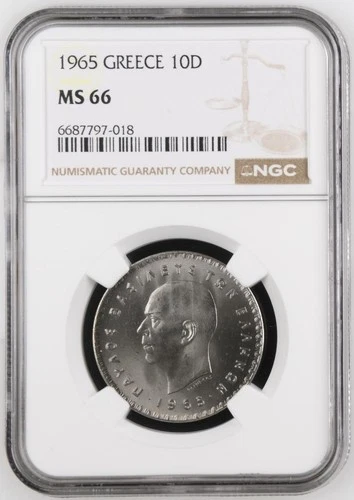 Greece 10 Drachmai 1965 NGC MS 66