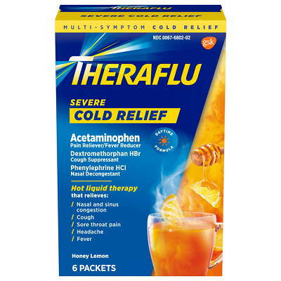Thera flu Severe Cough Cold & Flu Nighttime Powder, Green Tea Honey Lemon, 6 Ct