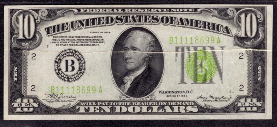 1934 $10 FEDERAL RESERVE NOTE NEW YORK HUGE GUTTER FOLD ERROR PCGS B GEM 65 PPQ - Image 3 of 4