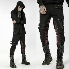 PUNK RAVE Gothic Hose Tartan Patchwork Pants Schwarz Karo-Einsätze Riemen Nieten