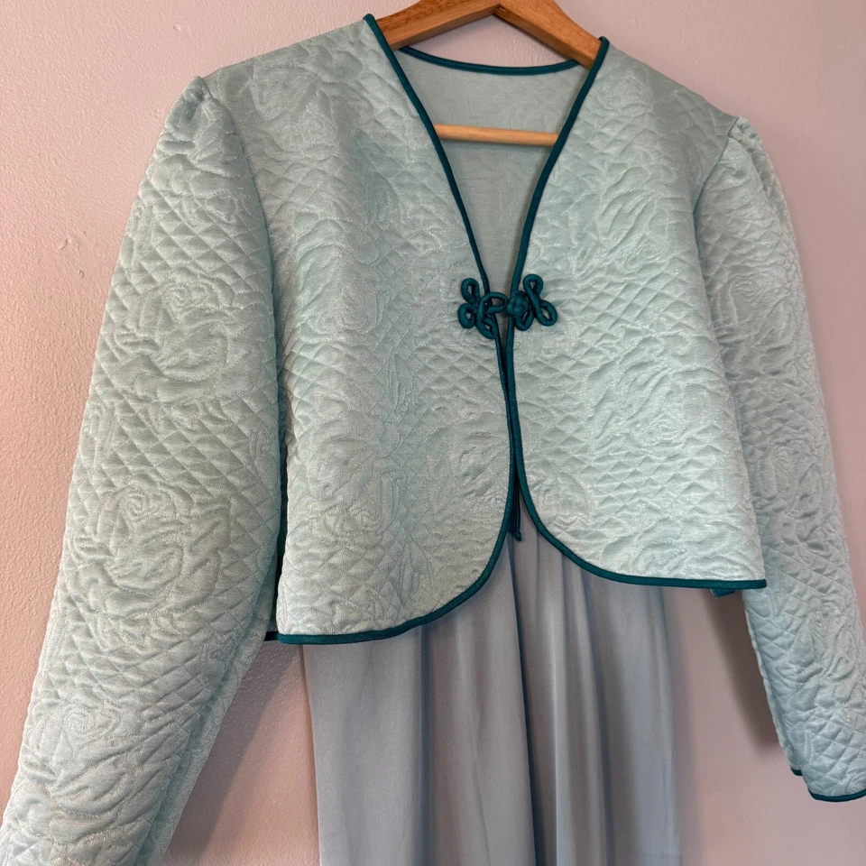 Vintage Long Slip Dress & Matching Quilted Bed Jacket Blue Sz Medium Bow RARE - Image 4 of 4