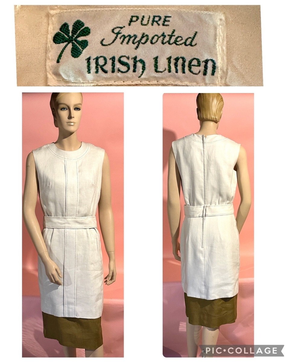 Vintage 1960s IRISH LINEN Dress w/Underskirt In Khaki Brown Lined GORGEOUS!