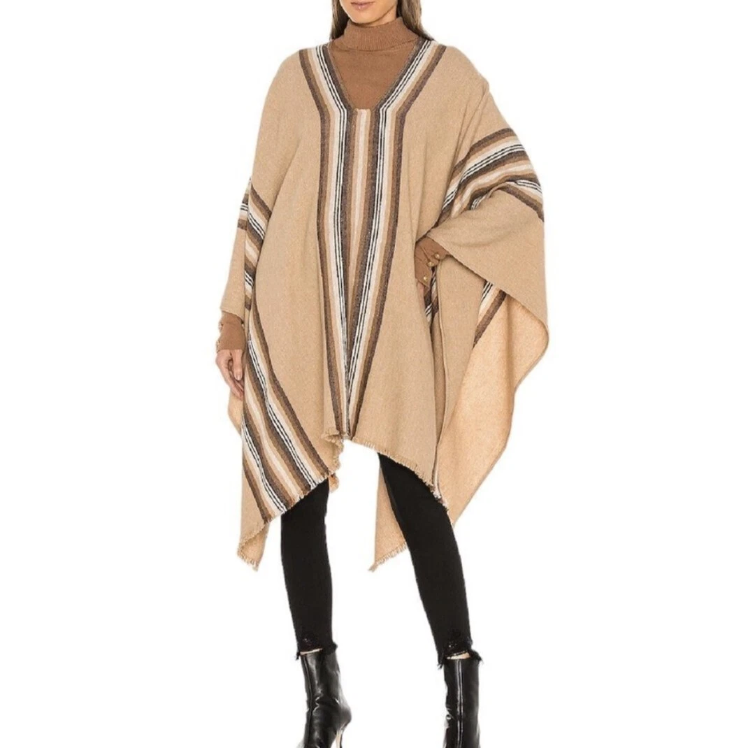 Nili Lotan Brita Frayed Striped Wool-Blend Poncho Beige Jackets One Size