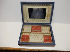 ANTIQUE WOODEN INLAY MARQUETRY DRESSER JEWELRY BOX COMPARTMENTALIZED PAPERED