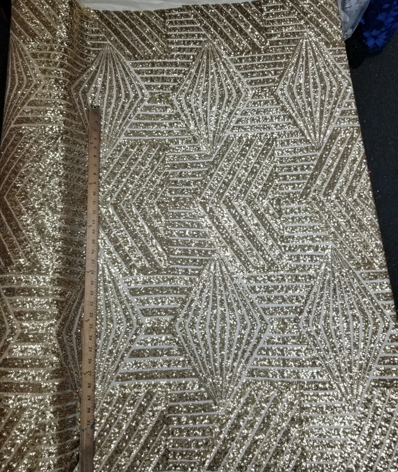 Champagne Gold Geometric Sequin Fabric on Mesh 2 Way Stretch "BombShell Sequins" - Image 3 of 4