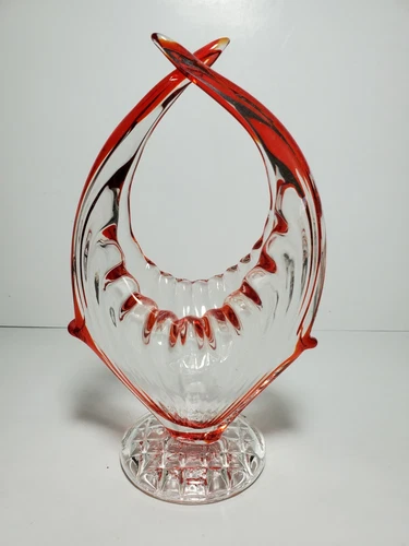 VINTAGE MURANO, Blown Glass Red and Clear Basket - Beautiful condition