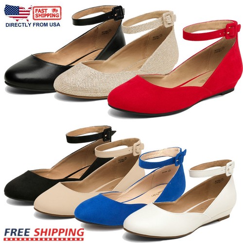 Women's Ballet Flat Shoes Ankle Strap Low Wedge Comfort Lady Dress Flat  Shoes | eBay