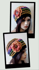 crochet womans handmade flower hat beanie rainbow black puffs USA made