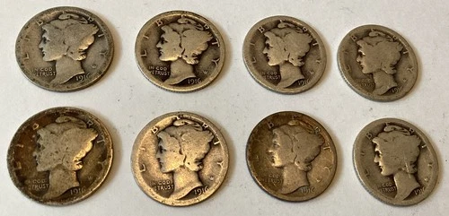 Bulk Lot 8 1916-P First Year of Issue Mercury Silver Dimes