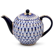 Imperial Lomonosov Cobalt Net Tulip Porcelain Teapot 600ml, 22k Gold New