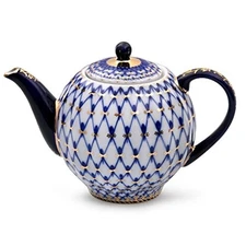 Imperial Lomonosov Cobalt Net Tulip Porcelain Teapot – 600ml, 22k Gold – New