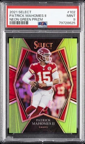 2021 PANINI SELECT NEON GREEN PRIZM #102 PATRICK MAHOMES II 17/49 PSA 9