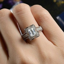 2.10 Ct Emerald Cut Moissanite Wedding Ring 14k White Gold Plated