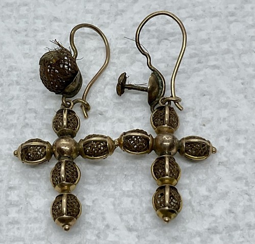 A vintage Pair Of 14k Gold Mourning Hair Jewelry Cross Earrings. As Found.
