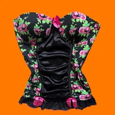 00's vintage black and pink rose floral satin tube top y2k bustier corset LARGE