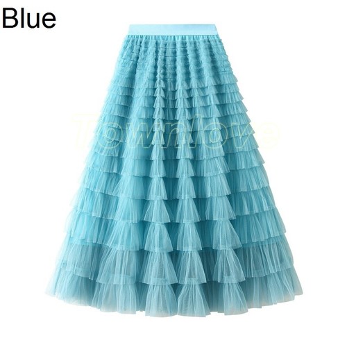 Damen Hohe Taille Stufen Netz Rock Midi A-Linie Rüschen Tüll Tutu Sommer Strand - Bild 23 von 36