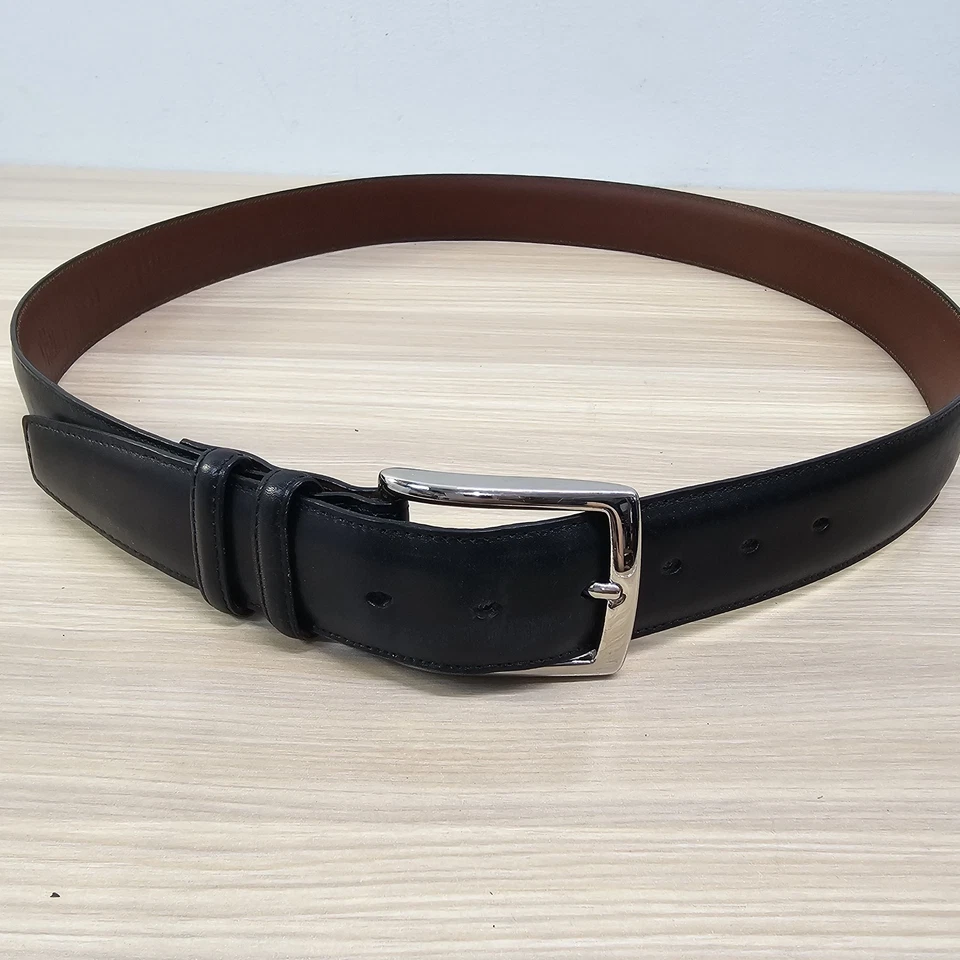 TORINO Venetian Calf Leather Belt Mens 36 M Black Skinny Silver Brass Buckle USA - Image 2 of 4