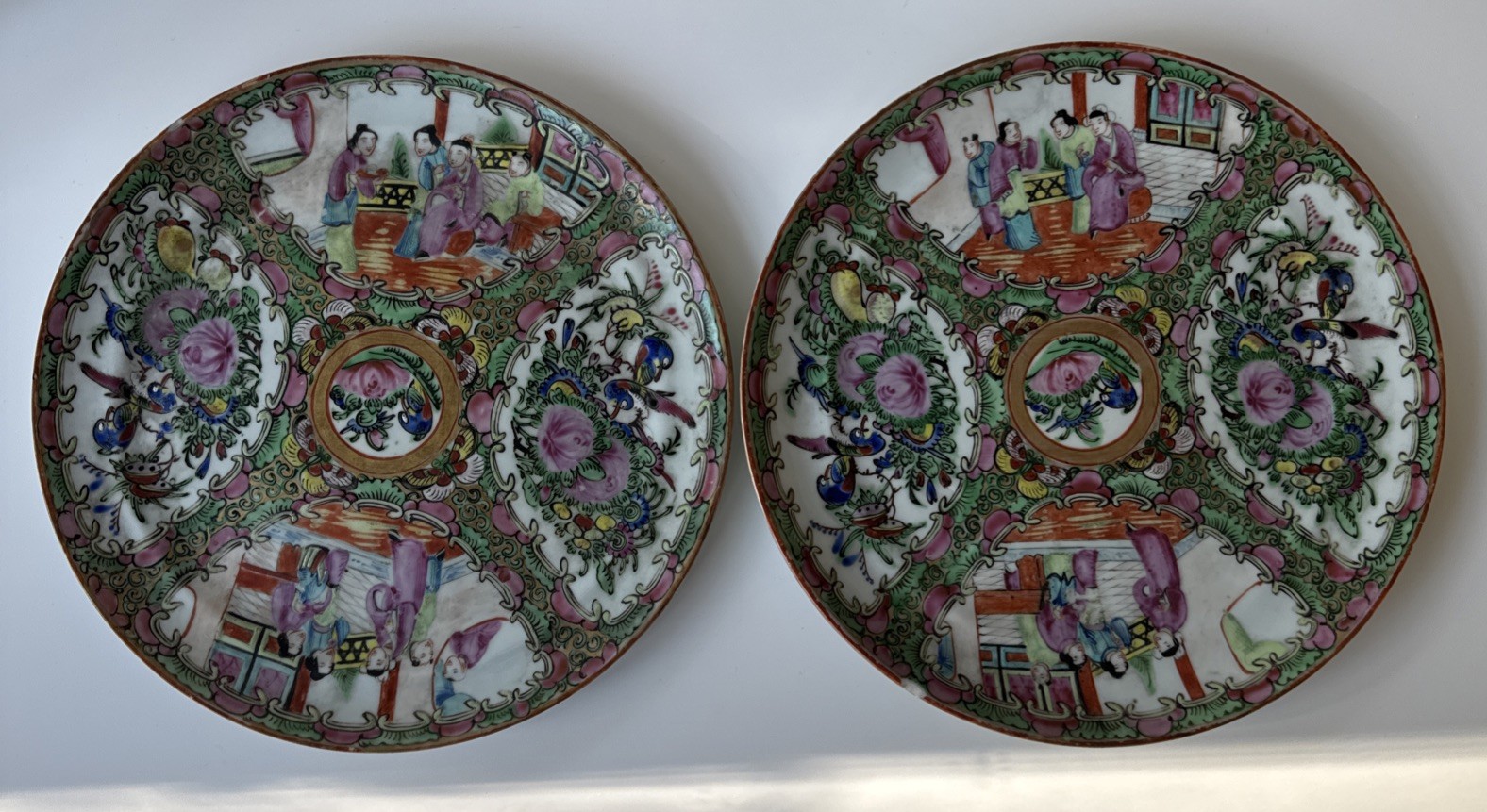 2 Antique Chinese Famille Rose Medallion Hand Painted Porcelain Plates 24cm