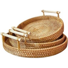 3 Pcs Natural Hand Woven Rattan Serving Tray Round Food Storage Vintage Decor