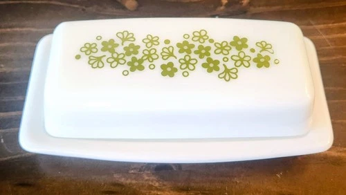 Vintage Pyrex Corelle Green Spring Blossom Crazy Daisy Butter Dish w/Lid VGC