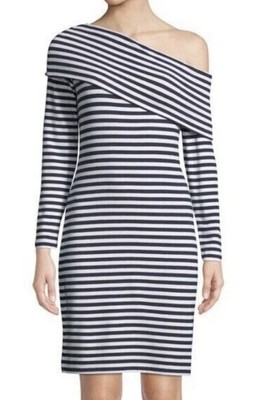 Club Monaco Skarlie One Shoulder Long Sleeve Dress Women Navy White Stripe Med