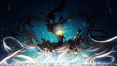 Anime cyan hair barefoot bubbles deep sea black dress Custom Gaming Mat Desk